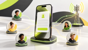 Ilustração de um celular com formulário de cadastro conectado a perfis de consumidores e uma antena de telecomunicações.