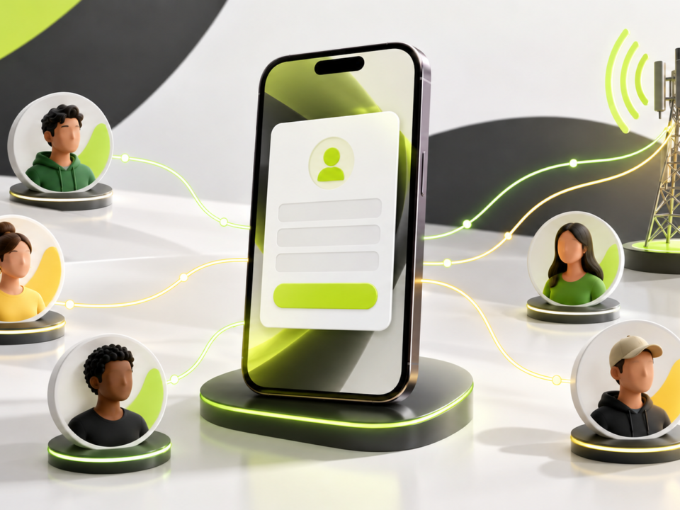 Ilustração de um celular com formulário de cadastro conectado a perfis de consumidores e uma antena de telecomunicações.