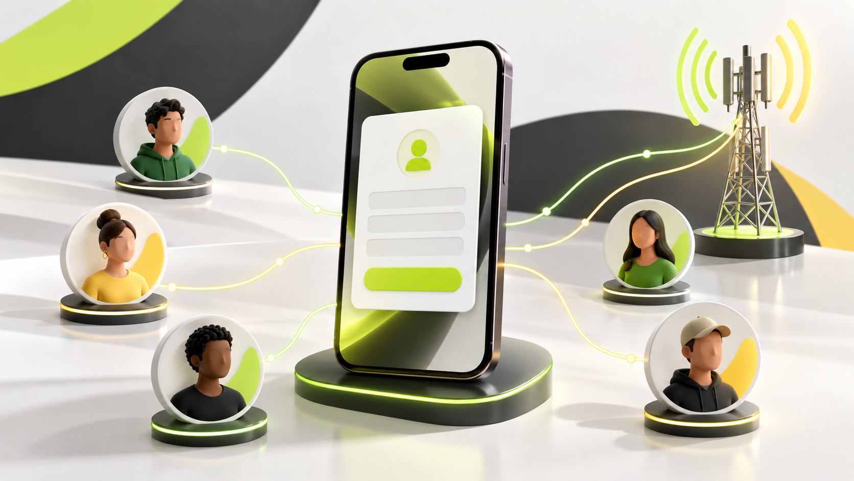 Ilustração de um celular com formulário de cadastro conectado a perfis de consumidores e uma antena de telecomunicações.